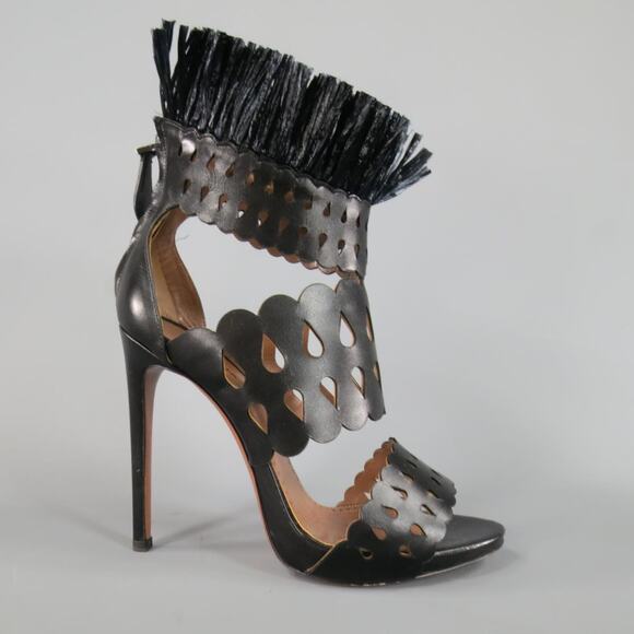 ALAIA Size 8.5 Black Cutout Leather Fringe Ankle Sandals - Picture 1 of 1